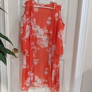 Measeor Floral Cold Shoulder Coral/White Duster/Kimono Size Small